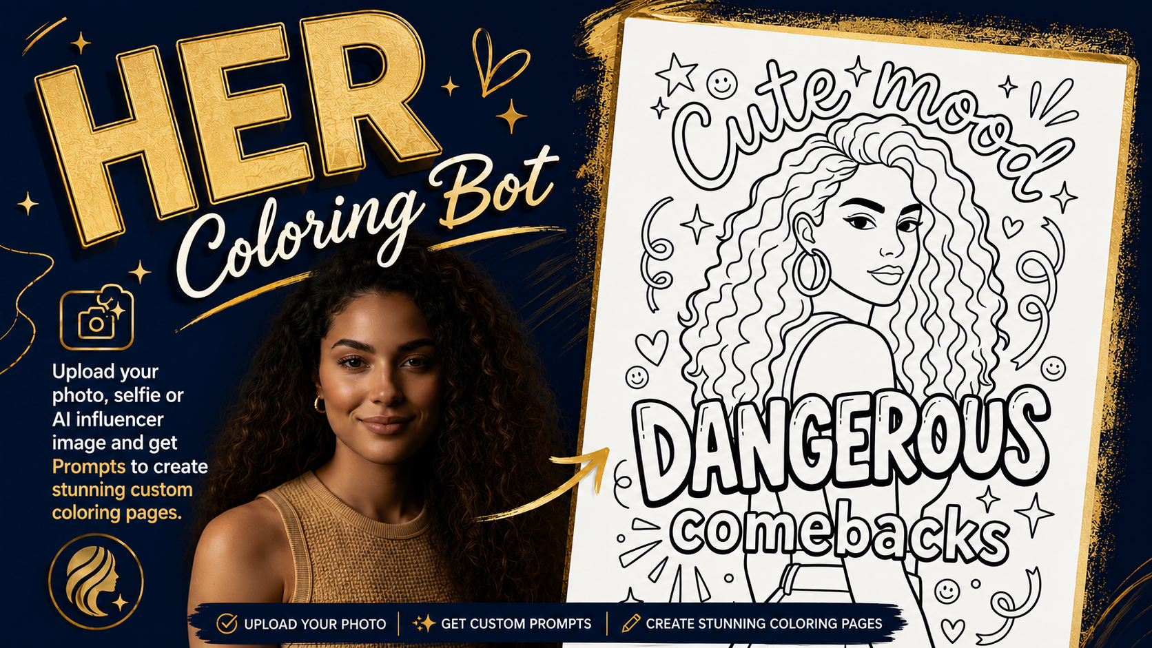 HER Coloring Bot — upload your photo, get prompts, create stunning coloring pages